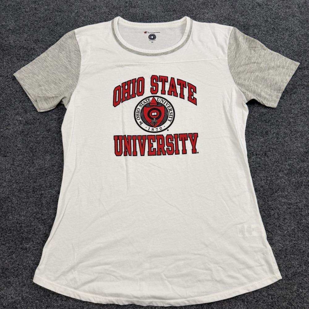 Champion Ohio State Buckeyes T-Shirt Womens XL White Gray Seal Logo Fitted OSU
